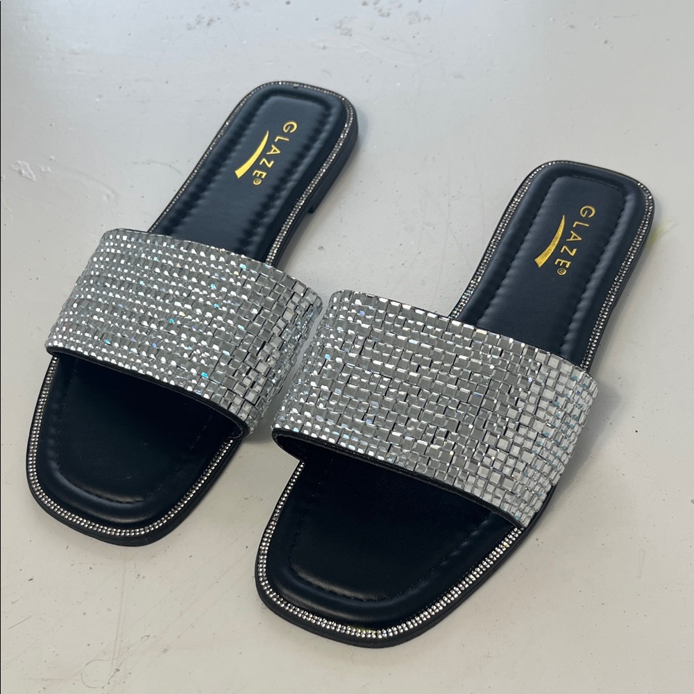 Glaze Black and Silver Studded Slip On Flat Flip Flop Sandal